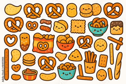 Cute kawaii snack characters including pretzels, chips, and fries with smiling faces