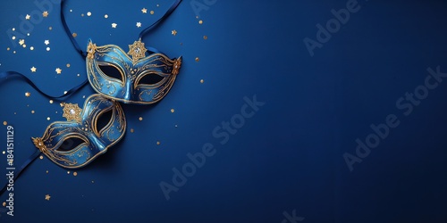 Carnival masks with golden star confetti on dark blue background, designed for event decoration or party themes