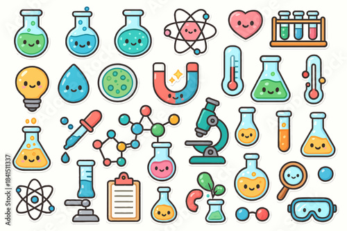 Cute science icons featuring chemistry tools and happy laboratory elements