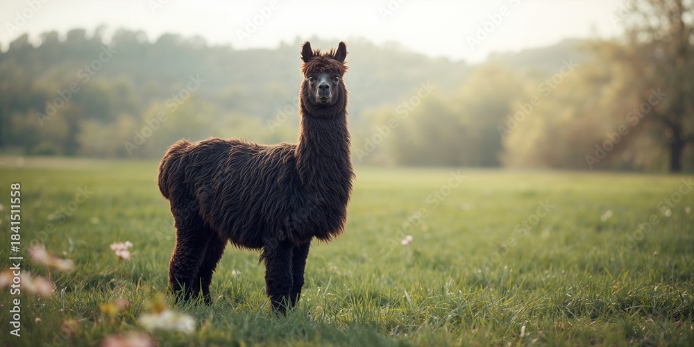 Fototapeta premium Full-body black alpaca standing, ideal for editorial header backgrounds or pattern textures in design projects