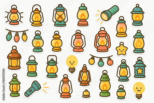 Colorful cartoon lanterns and flashlights collection with decorative light bulbs