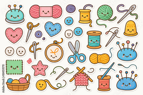 Cute sewing and knitting icons with smiling faces for craft enthusiasts