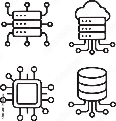 Isolated Data Center Circuit System Icons, Data Center Circuit System, Smart Chip Lines, Digital Connections, Minimal Tech Paths, Solid Black Circuits, Editable Vector