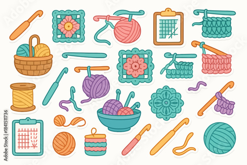 Colorful crochet tools and yarn set with balls, hooks, and patterns