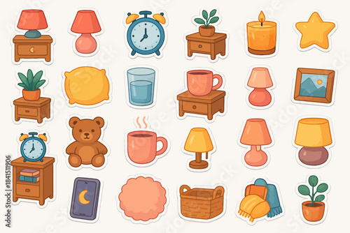 Cozy home decor stickers with lamps, plants, and cute accessories