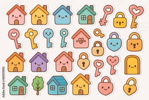 Cute cartoon houses and locks with smiling faces in pastel colors