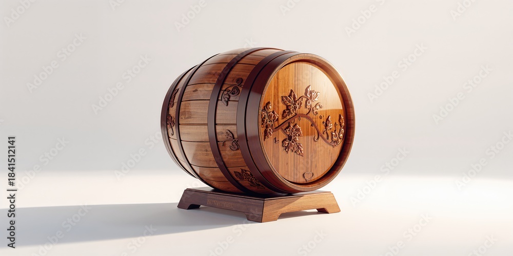 Fototapeta premium Vintage craftsmanship wooden barrel adorned with grapevine carvings and reflective finish, used as a rustic decor element