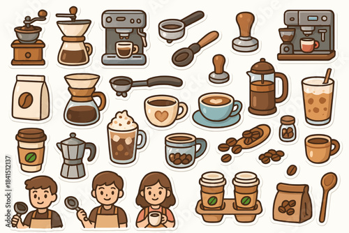 Coffee shop icons: espresso machines, cups, and barista characters in cartoon style