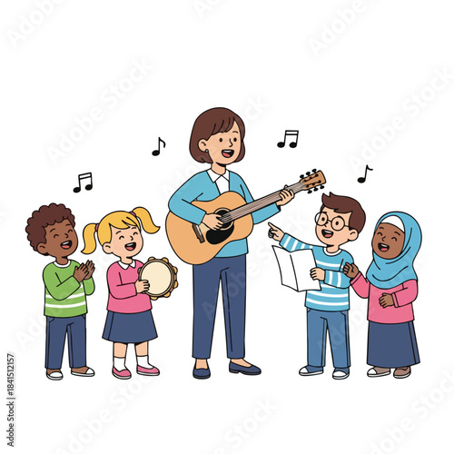 A teacher plays guitar as children sing and clap, musical notes floating above