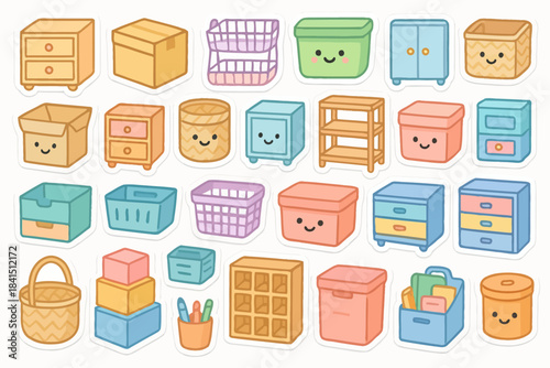 Colorful kawaii storage boxes and baskets with cute faces