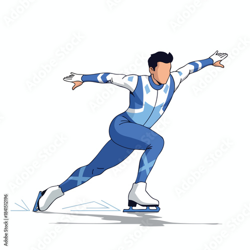 A speed skater in a blue suit glides on the ice, arms outstretched for balance