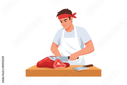 Cartoon man in apron slicing raw meat on cutting board with knife