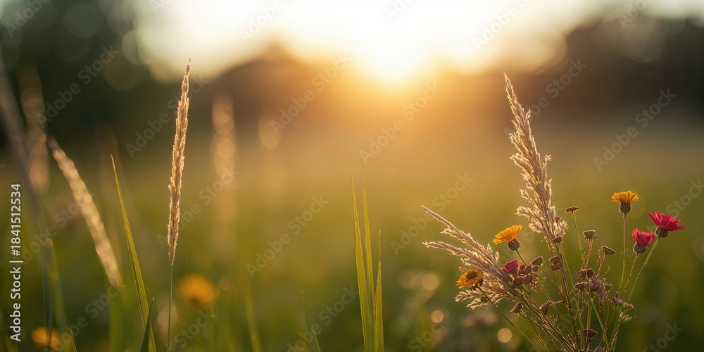 Fototapeta premium Close-up of plant textures in a forest at sunset, highlighting seasonal growth patterns, summer, nature, spring, landscape