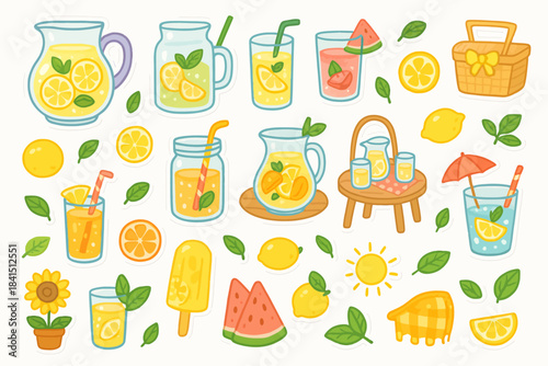Colorful lemonade and summer treats collection with citrus and watermelon
