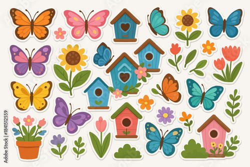 Colorful butterfly and birdhouse garden with flowers and plants