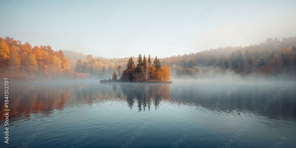 Fototapeta premium Colorful fall leaves reflect in a calm lake with mist rising, highlighting seasonal transition and natural beauty, Autumn Equinox.