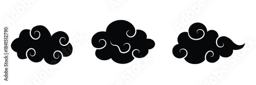 Japanese cloud motif icons in Japanese minimal style offer vector design with silhouette and modern flair. Flat abstract shapes evoke fog or breeze with smooth motion and zen balance.