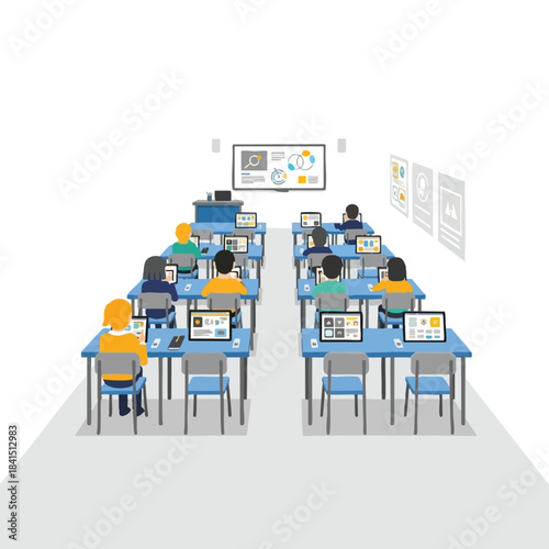 Modern classroom with students on laptops, large screen, digital learning