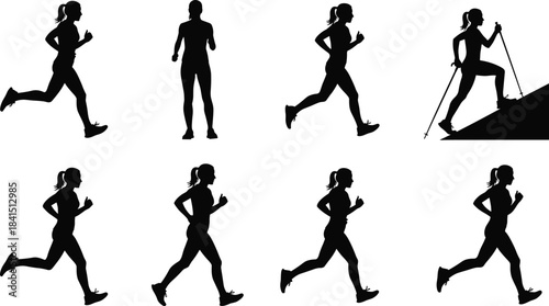 Set of Female Running and Hiking Silhouettes, Woman Jogging and Nordic Walking with Poles, Isolated for Fitness and Sport