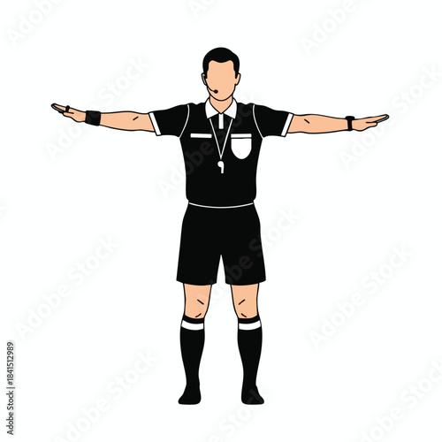 Male referee in black uniform, whistle, headset, arms outstretched in T-pose