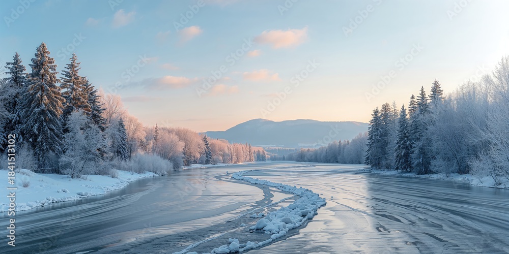 Fototapeta premium Colorful winter landscape with snow-covered trees and a reflective frozen river, seasonal change