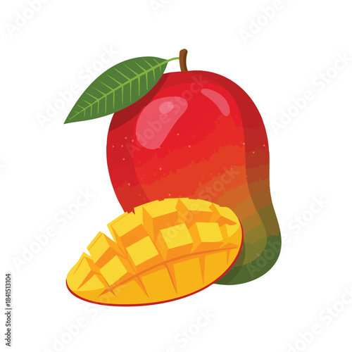 A whole red-green mango with a leaf and a sliced mango cube