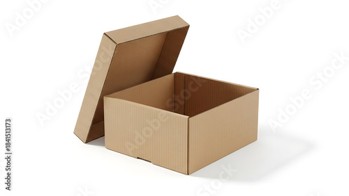 a solitary open cardboard box sits prominently against a clean white backdrop suggesting emptiness and potential for packaging or storage purposes high quality professional detailed modern