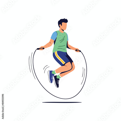 Flat illustration of a man in sportswear skipping rope, jumping mid-air