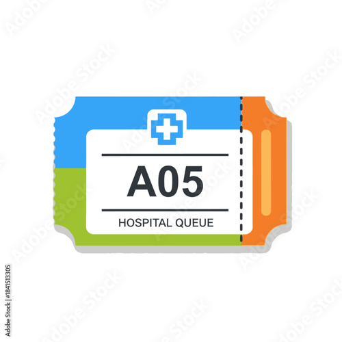Colorful Hospital Queue Ticket with Code A05 and a Blue Cross Symbol.