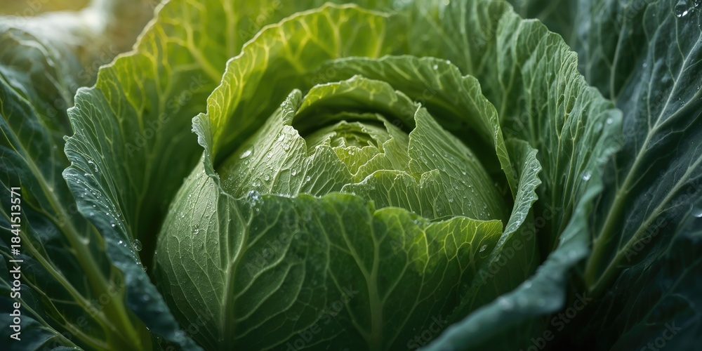 Obraz premium Close-up of a cabbage head, highlighting its layered leaves and texture, suitable for a vegetable nutrition analysis
