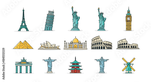 Colorful Illustrated Collection of Iconic World Landmarks and Monuments.