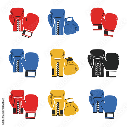 Grid of 9 pairs of boxing gloves red, blue, yellow, black, varied designs
