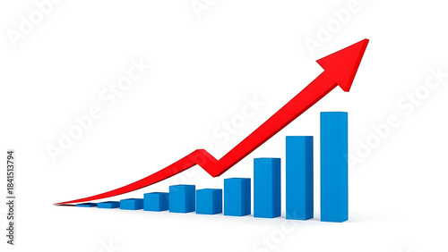 A visual representation of growth is depicted with a red arrow pointing upwards over a series of ascending blue rectangular bars high quality professional detailed modern