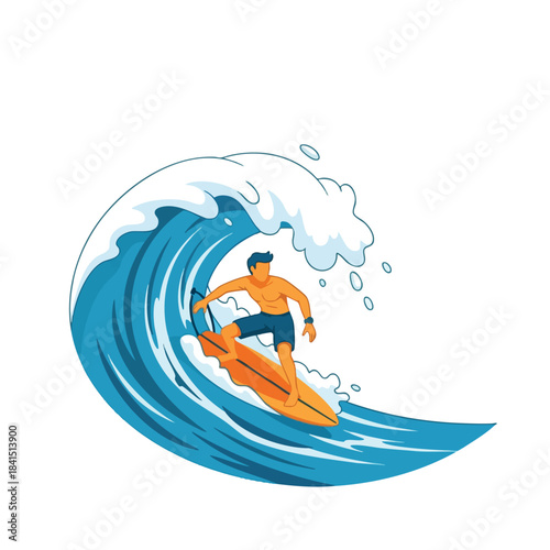 Stylized illustration of a man surfing a large blue wave on an orange board