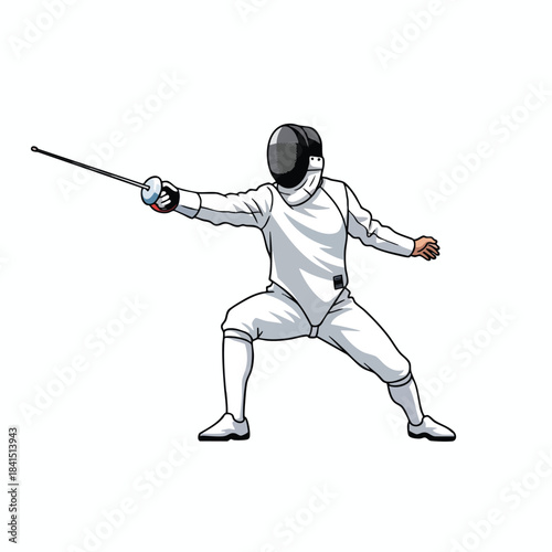 Fencer lunges forward, extending weapon, in white protective gear