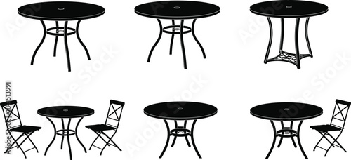 Set of Patio Bistro Tables and Chairs, Black Silhouettes Isolated on White, for Cafe or Garden Furniture Design