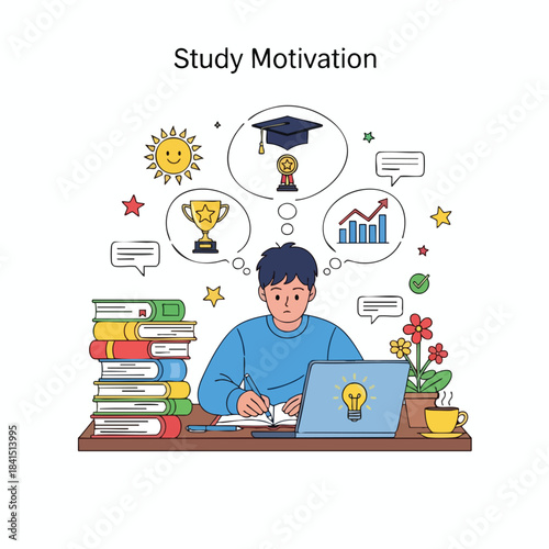Young person studies, motivated by thoughts of success, learning, and achievement