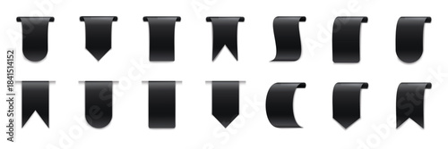 Set of black ribbon flags with various folded shapes for labels, bookmarks, and decorative elements.