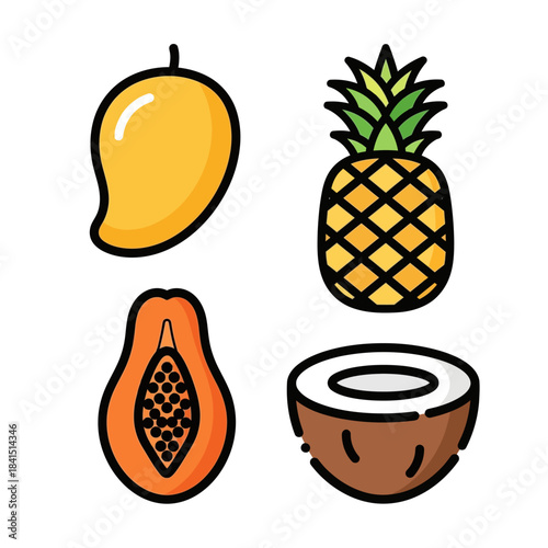 Colorful outlined tropical fruit icons - yellow mango, spiky pineapple, halved papaya with seeds, and coconut.