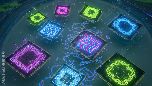 Glowing colorful magic squares arranged in a circular pattern on a dark surface
