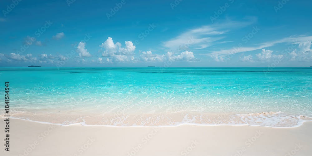 Obraz premium Serene blue ocean surf on sandy shoreline used as a backdrop for editorial or UI design, summer setting