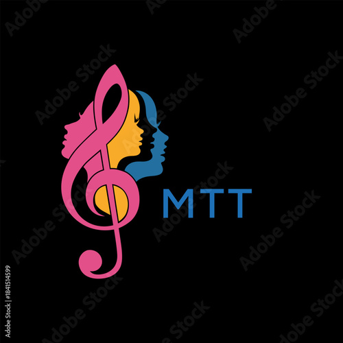 Creative Feminine Music Logo with Treble Clef and Colorful Female Silhouettes – MTT Later Logo, Beauty and Art Concept
