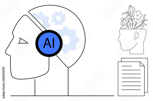 Profile of head with AI label and gears, a smaller head with flowers symbolizing creativity, and documents for knowledge. Ideal for technology, innovation, learning, growth, creativity, education