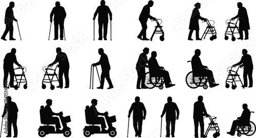 Set of Senior People Silhouettes, Elderly Using Walker, Wheelchair, and Cane, Isolated for Retirement and Healthcare Icons