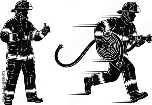 Brave Firefighters Silhouettes Vector Illustration Set, Running Hero with Hose Reel and Thumbs Up Fireman in Full Protective Uniform, Emergency Rescue Service and Fire Safety Concept