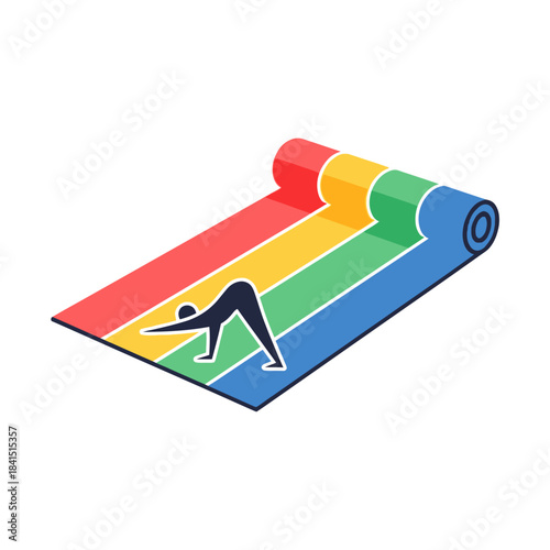 Colorful striped yoga mat with a silhouette of a person in downward dog pose.