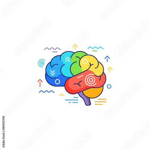 Colorful Stylized Brain Illustration with Segmented Lobes and Outline Style.