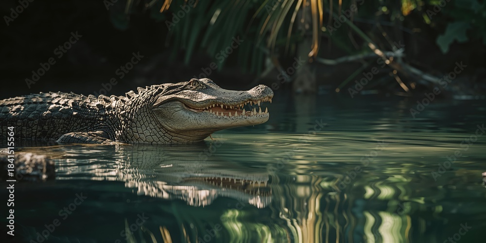 Fototapeta premium Crocodile resting near waters surface with mirrored image, highlighting natural resilience