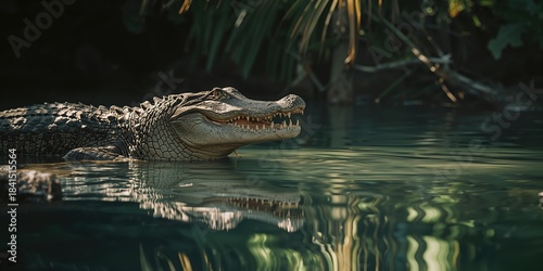 Crocodile resting near waters surface with mirrored image, highlighting natural resilience