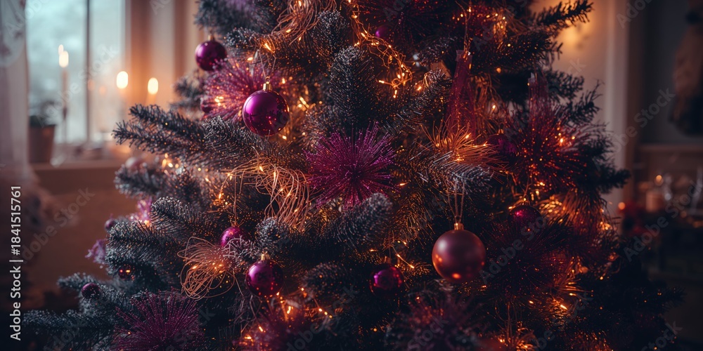 Naklejka premium Detail of a Tree decorated in purple hues, festive setting, holiday decoration showcase